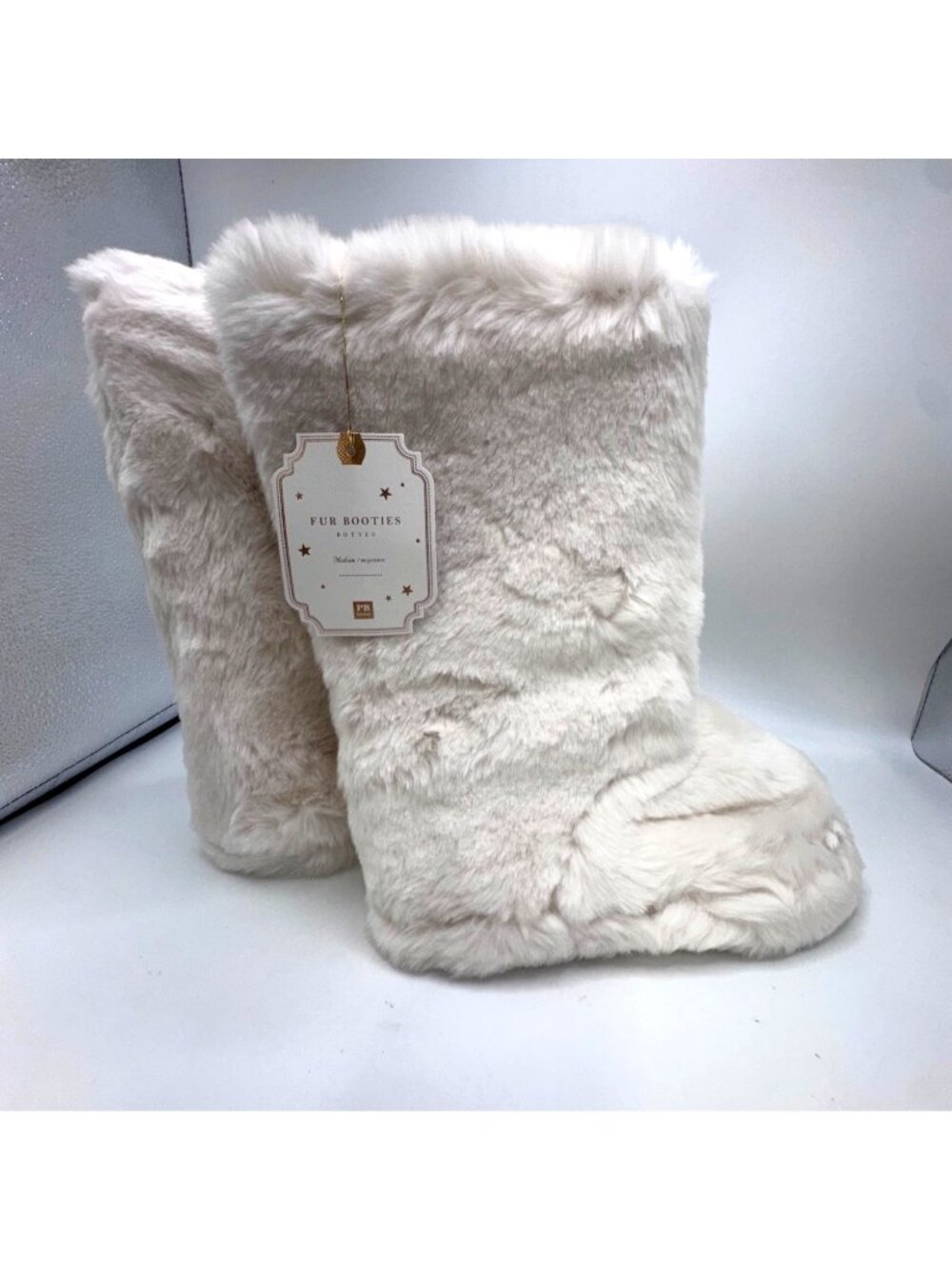 Pottery Barn PB Teen Fur Booties Medium Faux Fur Cozy Slippers In Ivory White